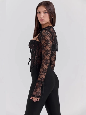 Sexy Kant Corset Crop Top Lange Mouwen Mesh Patchwork Bloemen Baleinen Vintage Slim Fit Gothic Voor Vrouwen