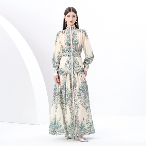 Vestito Lungo Maxi Con Stampa Paisley Da Donna Collo Alto Maniche A Lanterna Con Cintura In Poliestere