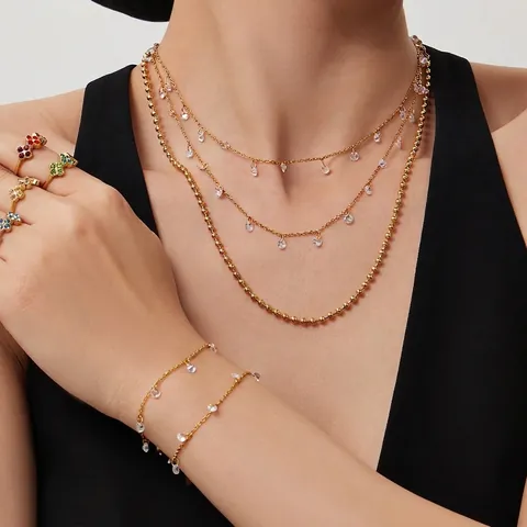 Edelstahl Halskette Und Armband Zirkonia Zierlich Klarer Stein Quaste Wasserdicht Hypoallergen Schmuck Für Damen
