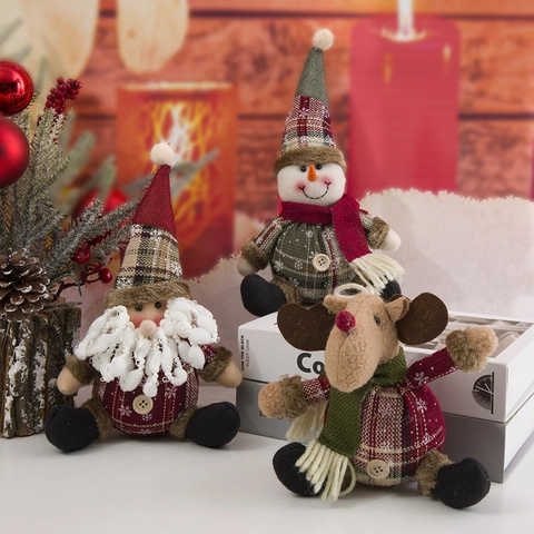 Karo Stoff Weihnachten Plüschball Hängeornament Weihnachtsmann Schneemann Rentier Puppe Mit Holzknopf Für Baum Dekor