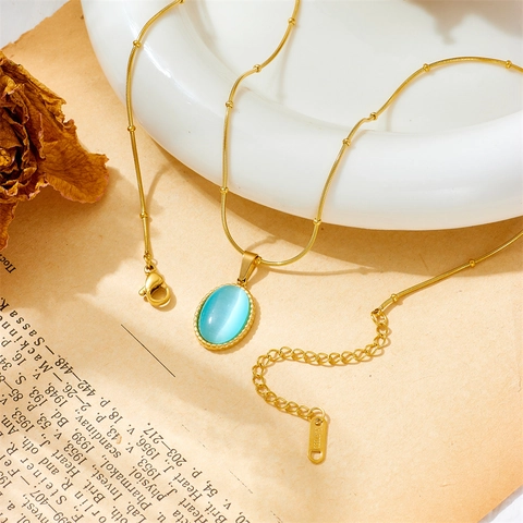 Light Blue Cat Eye Stone Pendant Necklace 18K Gold Plated Stainless Steel Beaded Satellite Chain For Women Vintage