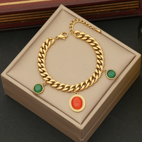 Pulsera Vintage De Acero Inoxidable Con Colgantes Coloridos De Piedra Ojo De Gato Cadena Geométrica Retro Para Mujer Oro