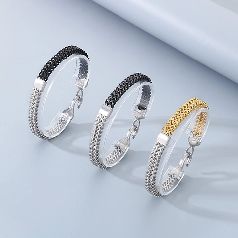 Men Stainless Steel Bracelet Double Row Fish Scale Woven Link Punk Hip Hop Bangle Magnetic Clasp Contrast Color Jewelry
