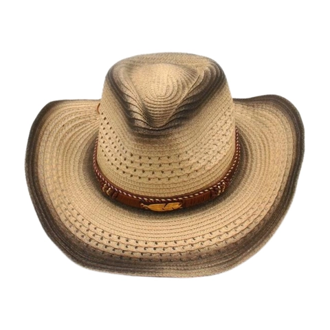 Western Cowboy Straw Hat Gradient Wide Brim Breathable Sun Shade Bohemian Retro Style With Leather Band Metal Feather