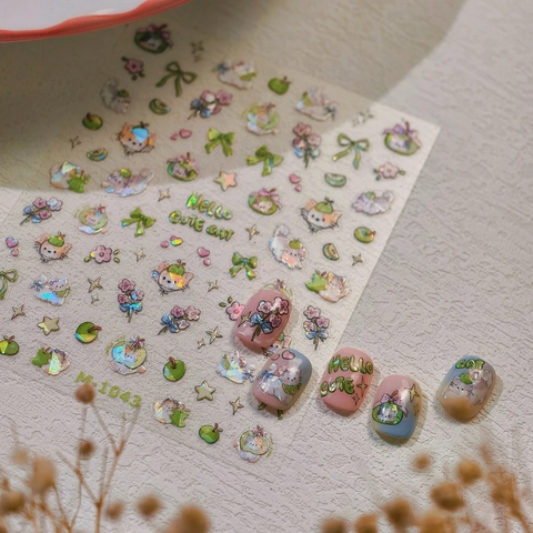 3D Cute Cartoon Cat Nail Art Stickers Holographic Laser Flower Bow Self Adhesive Ultra Thin Decals