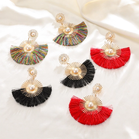 Bohemian Alloy Artificial Pearl Fan-shaped Tassel Earrings For Women Ethnic Vintage Tassel Drop Earrings Jewelry