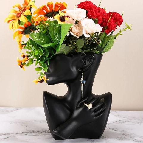 Modern Artistic Portrait Face Vase Resin Jewelry Display Stand Matte Black White Hand Sculpture Home Decor Flower Arrangement Ornament