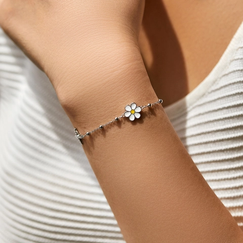 Pulsera de Cruz de Margarita de Plata de Ley 925 para Mujer Diamante de Imitación Esmalte Blanco Flor Dije Cadena de Bolas Joyería