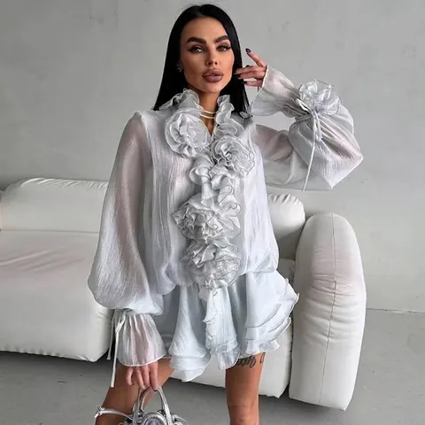 Top De Manga Larga Con Volantes Y Pantalones Cortos Gasa Plisada Con Decoración De Flores 3D Dulce Romántico Elegante