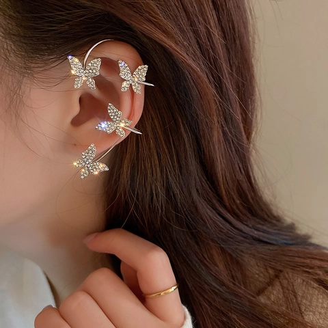 Orecchini A Clip Ear Cuff A Farfalla Con Strass Lega Luccicante Elegante Senza Buco Gioielli Da Donna