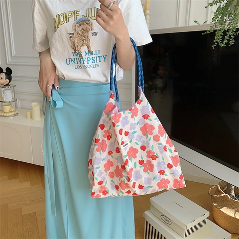 Large Capacity Floral Print Canvas Tote Bag Summer Fresh Flower Shoulder Handbag With Braided Rope Handles Shopping Bag