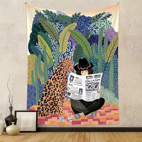 Arazzo Da Parete Arte Illustrazione Poliestere Giungla Tropicale Tigre Leopardo Donna Che Legge Modello Boho Retro Arredamento
