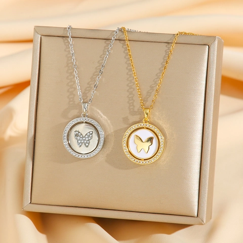 Roterende Vlinder Hanger Ketting Roestvrij Staal Micro Ingelegd Zirkoon Schelp Sleutelbeen Ketting Sieraden Voor Vrouwen