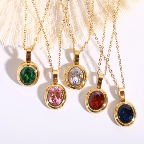 Edelstahl Halskette 18K Vergoldet Bunter Ovaler Edelstein Anhänger Leichter Luxus Klassischer Schmuck Für Damen