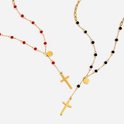 Collana Con Pendente A Croce Placcata Oro 18K Acciaio Inossidabile Impermeabile Ipoallergenico Lariat Perline