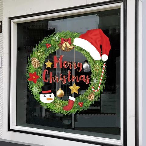 Pegatina Ventana Corona Navidad Estática PVC Calcomanía Vidrio Tema Feliz Navidad Para Decoración Hogar Tienda