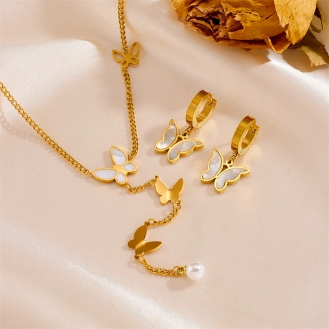 Schmetterling Edelstahl Halskette Und Ohrringe Mit Perlmutt Quaste Mode Eleganter Schmuck Für Damen Gold