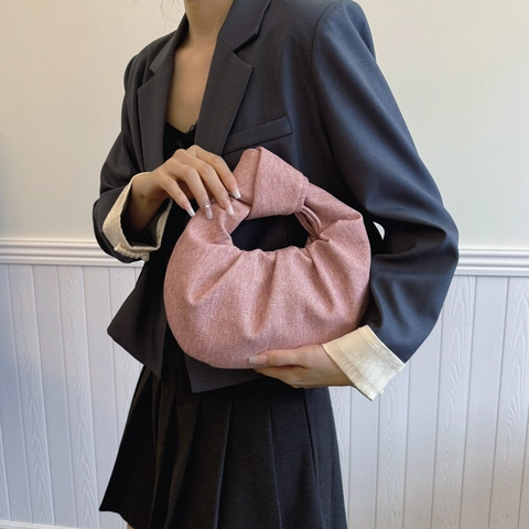 Women Handbag Denim Fabric And PU Leather Knotted Handle Ruched Cloud Dumpling Bag Retro Minimalist Casual