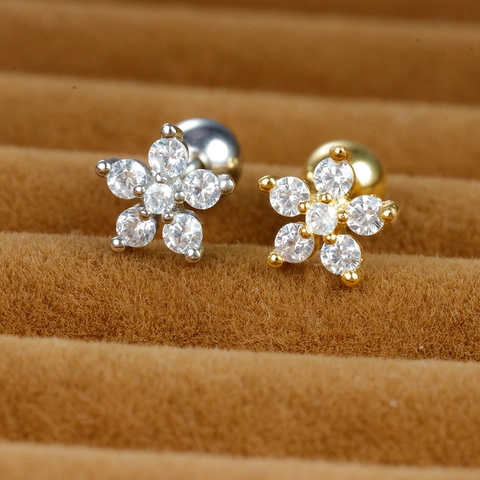 Flower Cartilage Stud Earrings Stainless Steel Zircon Small Screw Ball Back Piercing Jewelry For Women Daily Wear