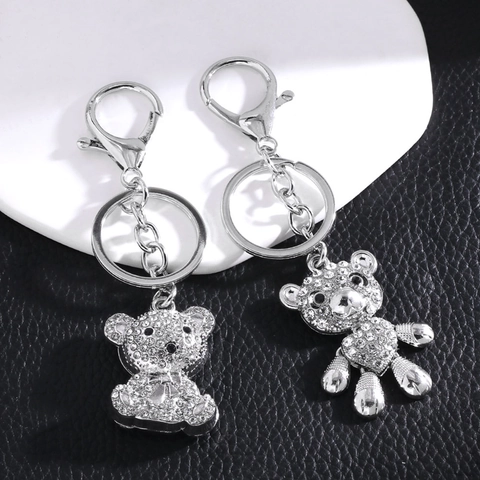 Porte-Clés Ours Brillant En Alliage De Zinc Argenté Avec Strass Pendentif Animal Mignon Pour Sac Femmes