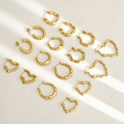 18K Gold Plated Stainless Steel Bamboo Twisted Heart Earrings For Women Waterproof Hypoallergenic Fashion Jewelry Hoop Earrings