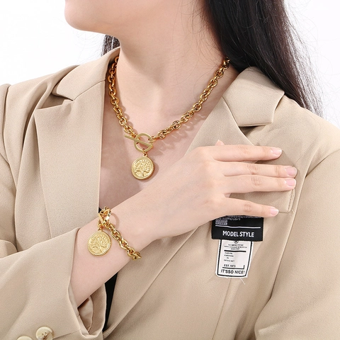 Collana E Bracciale In Acciaio Inossidabile Vintage Da Donna Pendente Albero Della Vita San Cristoforo Chiusura A T Gioielli