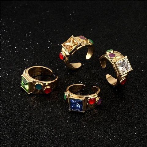 Übertriebener Retro-Böhmischer Verstellbarer Offener Ring Kupfer Vergoldet Großer Zirkonia Statement Geometrischer Schmuck Damen