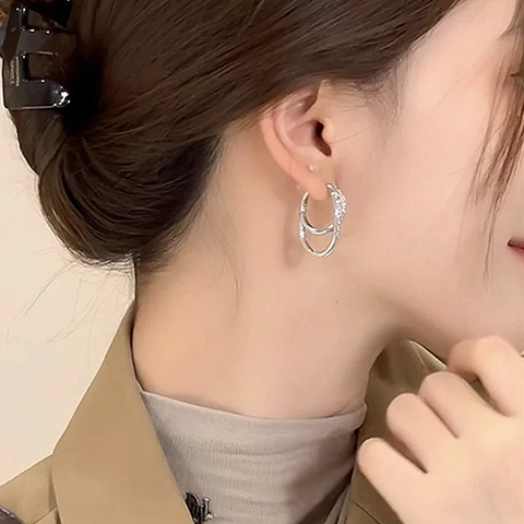 Boucles d'Oreilles Créoles Rondes Superposées Plaqué Or 18K Cuivre Zircone Géométrique Torsadé Tige Argent