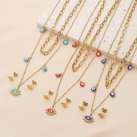 Evil Eye Jewelry Stainless Steel Double Layered Sun Star Pendant Necklace Stud Earrings Enamel Fashion Accessory For Women
