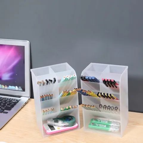 Slanted Pen Holder Multi-Grid Plastic Stationery Storage Box Desktop Organizer For Office School Makeup Brushes Frosted
