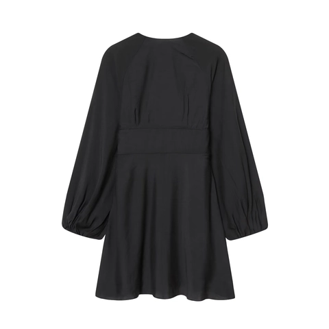 V-Neck Mini Dress Long Lantern Sleeve High Waist Tie Front Solid Color Elegant Retro Polyester Dress For Women