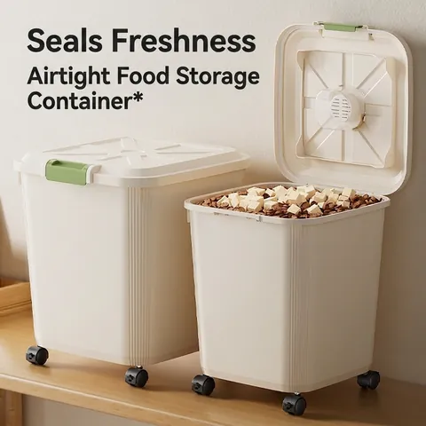 Sealed Pet Food Storage Container Large Capacity Moisture Proof PP Plastic Bucket With Wheels Flip Top Lid Measuring Cup