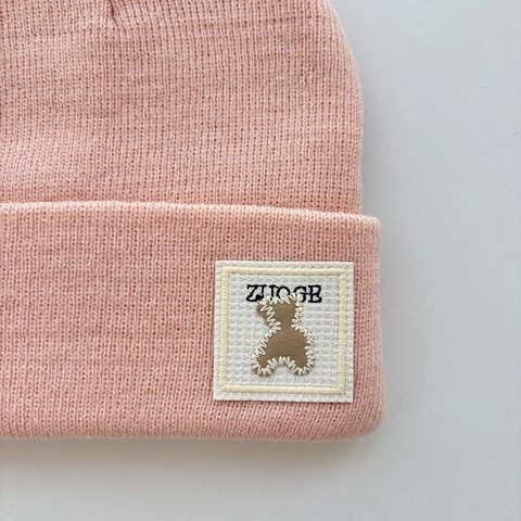 Kids Knitted Beanie Hat Ribbed Acrylic Warm Solid Color Bear Patch Winter Outdoor Boys Girls