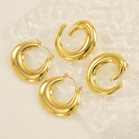 Hoop-Ohrringe Aus Edelstahl 18K Vergoldet Geometrisch Hohl Hochglanzpoliert C-Form Retro Französischer Stil Für Damen