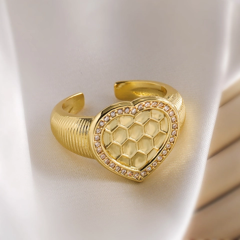 Herz Bienenwabe Geometrischer Ring 18K Vergoldet Kupfer Mikropflaster Zirkonia Offen Verstellbar Schmuck Für Damen