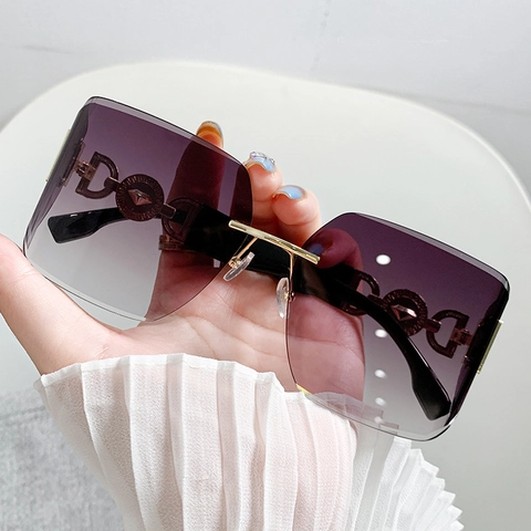 Rimless Sunglasses Women Oversized Square Frame Metal Hollow Temples UV400 Protection PC Lens Fashion Eyewear