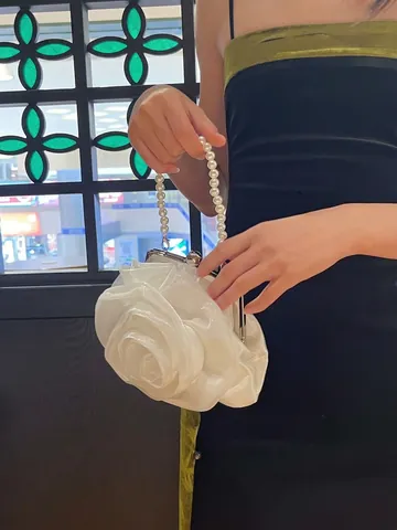 Rose Flower Shaped Evening Handbag Elegant Organza Fabric Party Purse With Faux Artificial Pearl Handle For Women Wedding Banquet