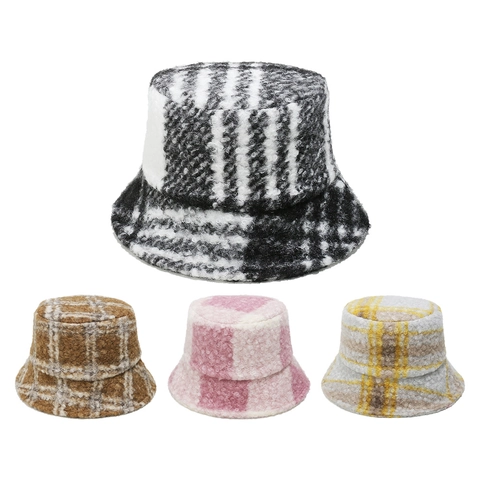 Plaid Fleece Bucket Hat Winter Warm Lamb Wool Checkered Retro Style Thick Plush For Women Men