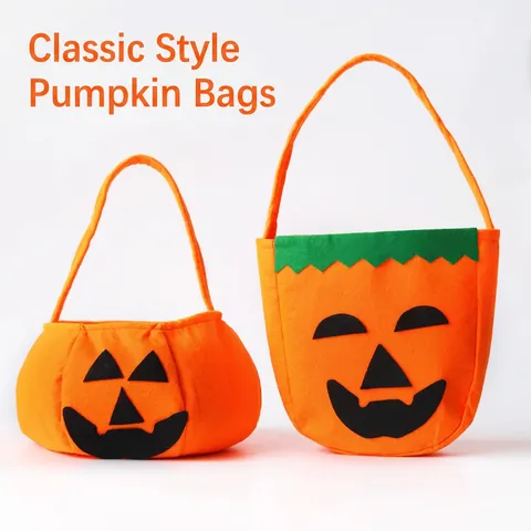 Halloween Pumpkin Treat Bag Felt Non-woven Handheld Candy Bucket Tote For Kids Party Favors Jack-O-Lantern Decor