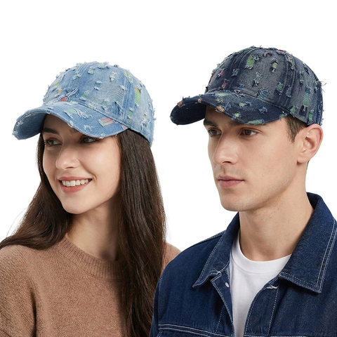 Distressed Denim Baseball Cap Cotton Adjustable Sun Protection Vintage Retro Streetwear Colorful Patch For Men Women