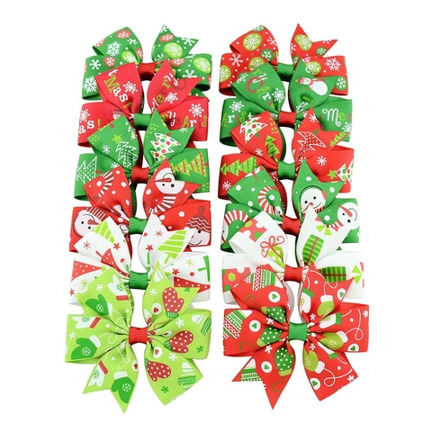 Christmas Hair Bows Alligator Clips Grosgrain Ribbon Snowman Christmas Tree Print Holiday Headwear Accessories For Girls Kids