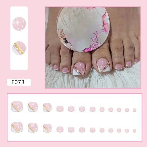 Künstliche Zehennägel Weiß French Tip Gold Glitzer Pink Geometrisch Elegant Minimalistisch Sommer Fußmaniküre
