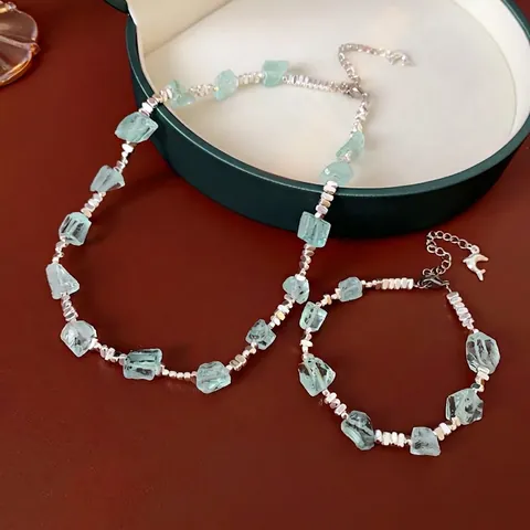 Conjunto De Joyería De Piedra Natural Irregular Para Mujer Collar Y Pulsera De Piedras Azules Con Cuentas Plateadas