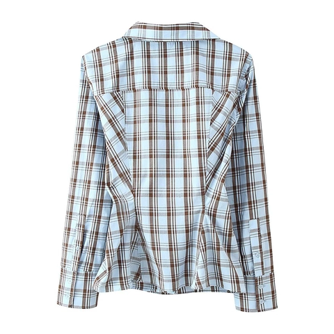 Chemisier À Carreaux Chemise Pour Femmes Polyester Manches Longues Col En V Double Boutonnage Mode Chic Haut