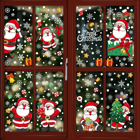 Christmas Static Window Stickers PVC Santa Claus Snowflakes Trees Removable Reusable Glass Decals For Holiday Party Decor