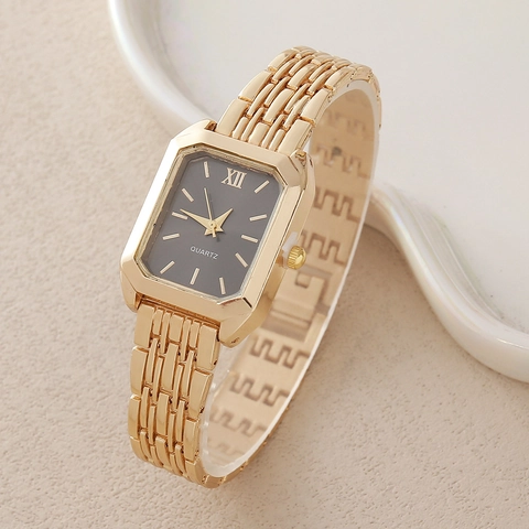 Elegante Orologio Al Quarzo Quadrato Da Donna Cinturino In Acciaio Inossidabile Dorato Minimalista Numero Romano Rettangolo
