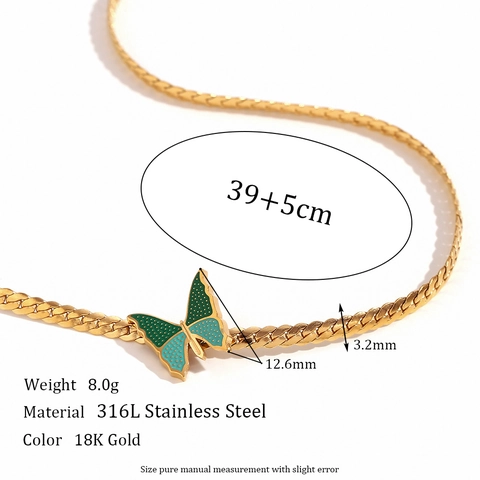 Collana con Pendente a Farfalla in Acciaio Inossidabile Placcato Oro 18K per Donna Choker a Catena Piatta NK in Smalto Blu Verde