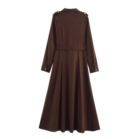 Utility Stijl Maxi Jurk Lange Mouwen V-Hals Knopen Effen Kleur Polyester Hoge Taille Met Riem Voor Dames Elegant
