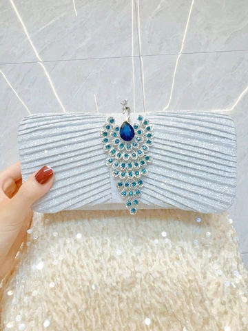 Women Pleated Evening Clutch Bag Peacock Rhinestone Crystal Sparkly Handbag For Banquet Wedding Party With Chain Strap