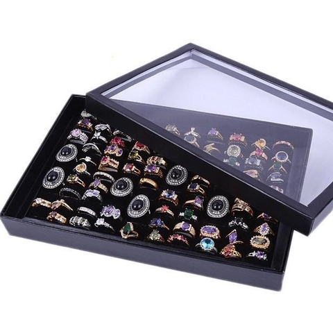 Ring Display Box Jewelry Storage Organizer PU Leather With Transparent Lid Dustproof Velvet Case For Earrings Pins